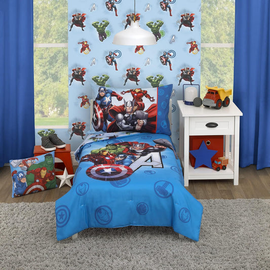Disney Marvel Avengers Fight The Foes, Juego de Cama, 4 Piezas, Color Azul, Rojo, Verde Hulk, Iron Man, Thor, Capitán América, edredón, sábana Bajera Ajustable, sábana y Funda de Almohada Reversible