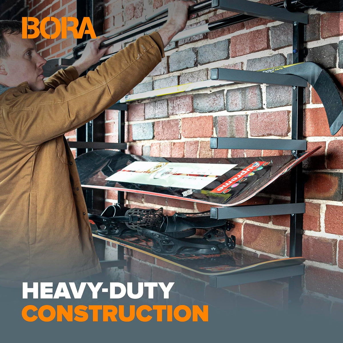 Bora Portamate - Organizador de madera y estante de metal para almacenamiento de madera con soporte de pared de 6 niveles, uso en interiores y exteriores, PBR-006B