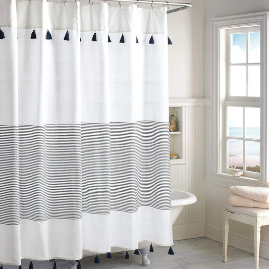 Peri Home Panamá Stripe Boho Farmhouse - Cortina de Ducha con borlas 100% Tela de algodón con borlas para decoración de baño, 72 x 72 Pulgadas, Azul Marino
