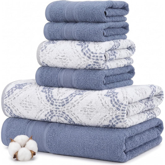 Modern Threads Capri - Juego de 6 Toallas Reversibles de Hilo Jacquard teñido, Toallas de baño, Toallas de Mano y paños de baño, súper absorbentes y de Secado rápido, 100% algodón Peinado, Mezclilla