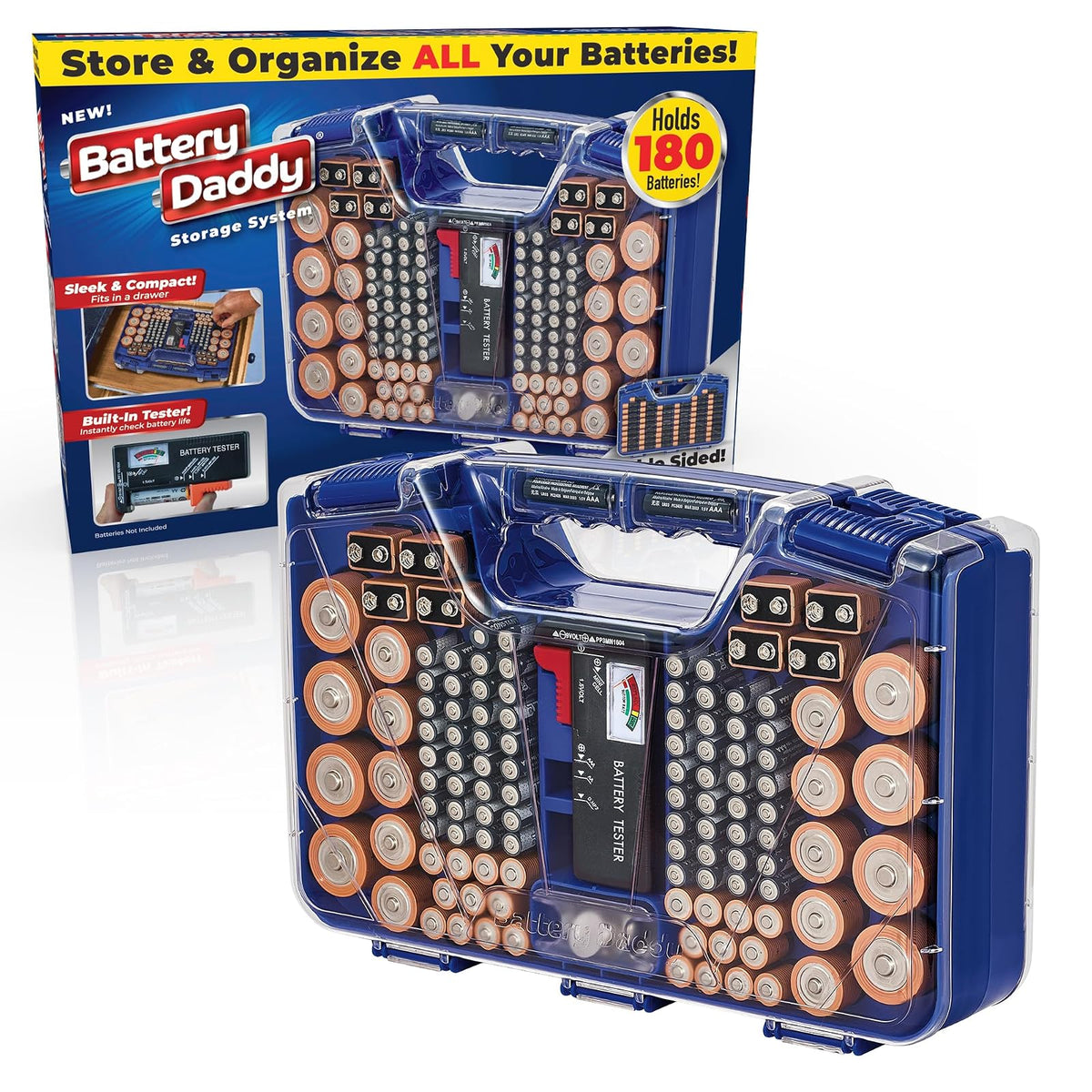 Ontel Battery Daddy - Funda organizadora de batería con probador, almacena y protege hasta 180 baterías, tapa de bloqueo transparente, como se ve en la televisión, color azul
