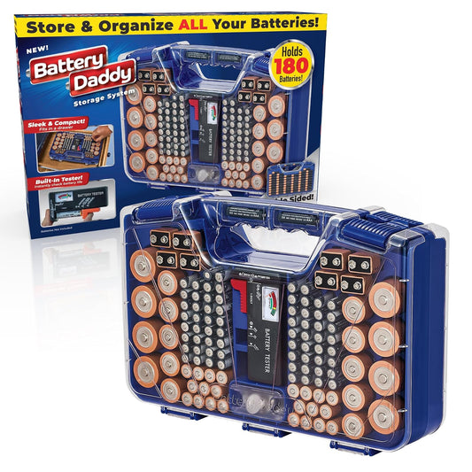 Ontel Battery Daddy - Funda organizadora de batería con probador, almacena y protege hasta 180 baterías, tapa de bloqueo transparente, como se ve en la televisión, color azul
