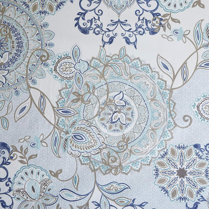 Madison Park Isla Cortina de Ducha de percal 100% algodón con medallón Floral, diseño Bohemio Impreso en Acuarela, Bonita Cortina de baño de 72 x 72 Pulgadas, Color Azul