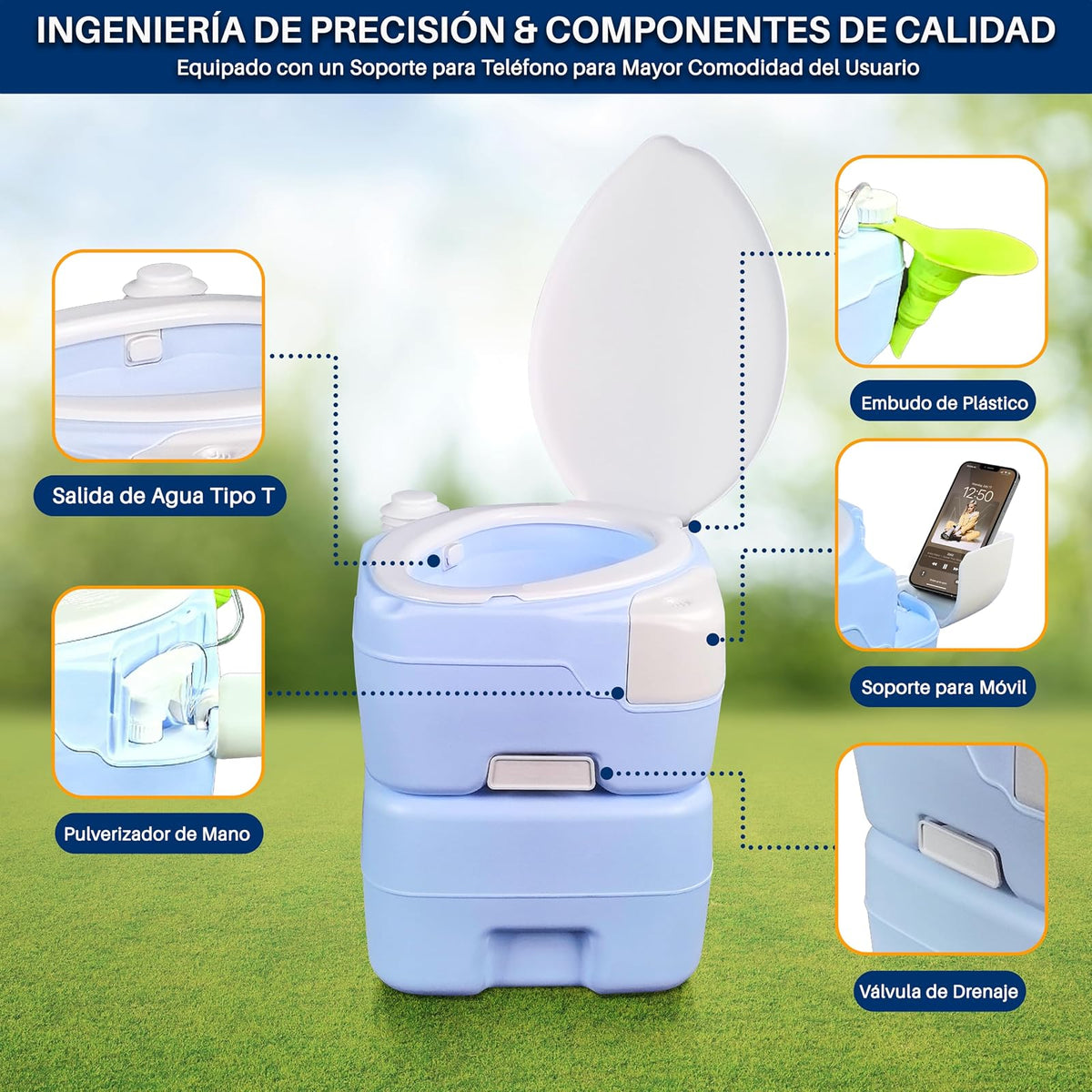 SereneLife Inodoro Portátil de 20 Litros para Camping, 120 Descargas con Embudo de Plástico, Pulverizador de Mano, Asiento Diagonal y Soporte Móvil, Inodoro Portátil para Camping, Senderismo y Viajes