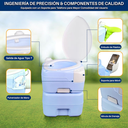 SereneLife Inodoro Portátil de 20 Litros para Camping, 120 Descargas con Embudo de Plástico, Pulverizador de Mano, Asiento Diagonal y Soporte Móvil, Inodoro Portátil para Camping, Senderismo y Viajes