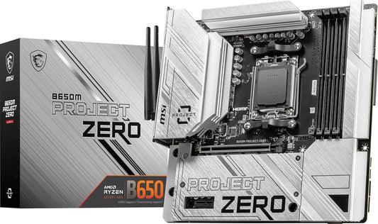 MSI B650M Project Zero - Placa Base para Juegos (procesadores AMD Ryzen Serie 9000/8000/7000, AM5, DDR5, PCIe 4.0, Ranuras M.2, SATA 6Gb/s, USB 3.2 Gen 2, HDMI/DP, Wi-Fi 6E, Bluetooth 5.3