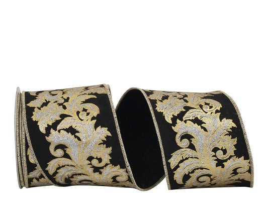 Reliant Cinta de filigrana de hoja de cinta de lujo con borde con alambre, 4 pulgadas x 10 yardas, negro/plateado