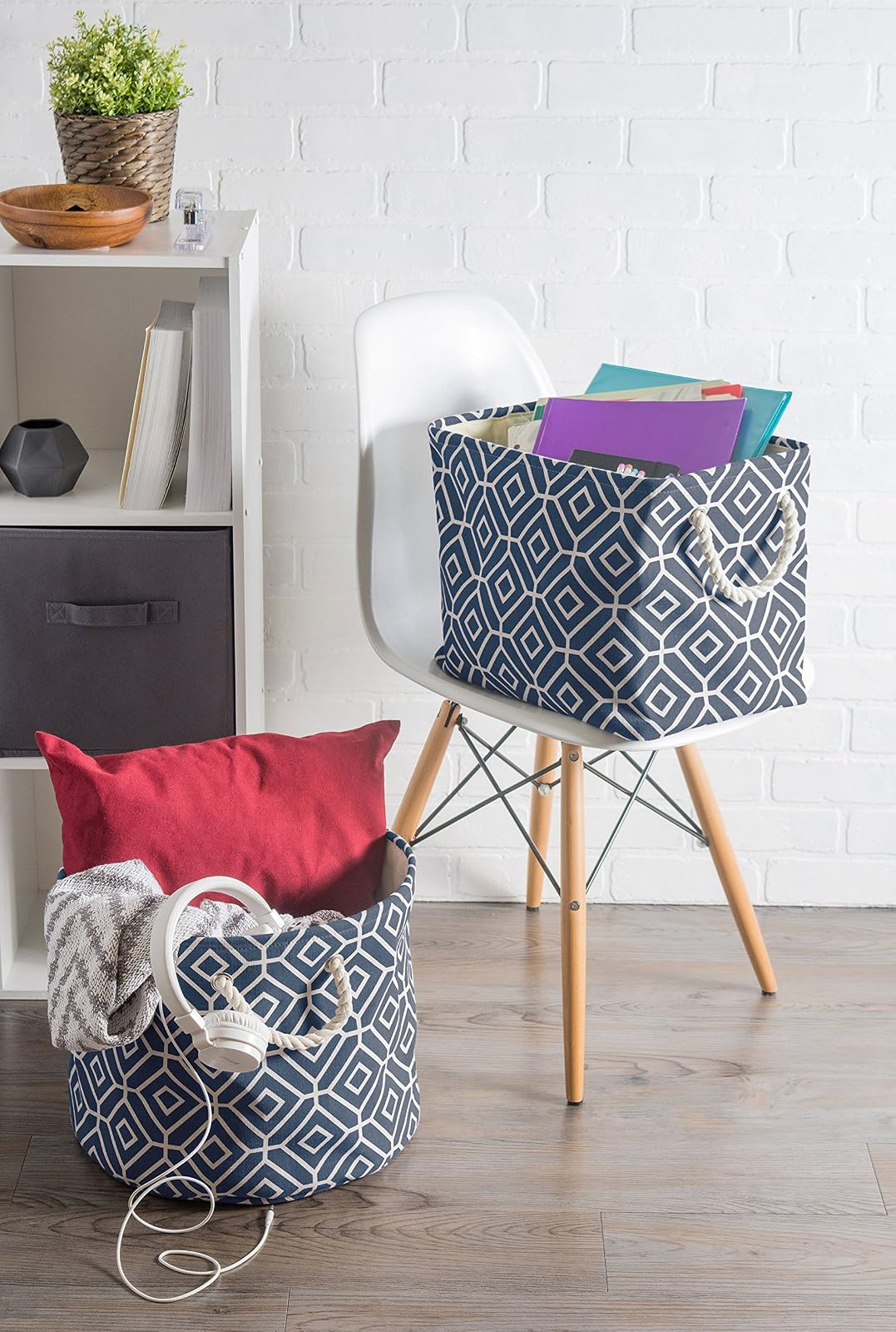 DII Collapsible Polyester Storage Basket Or Bin with Durable Cotton Handles, Home Organizer Solution for Office, Bedroom Closet, Toys, and Laundry, Medium-16x10x12, Stained Glass Navy
