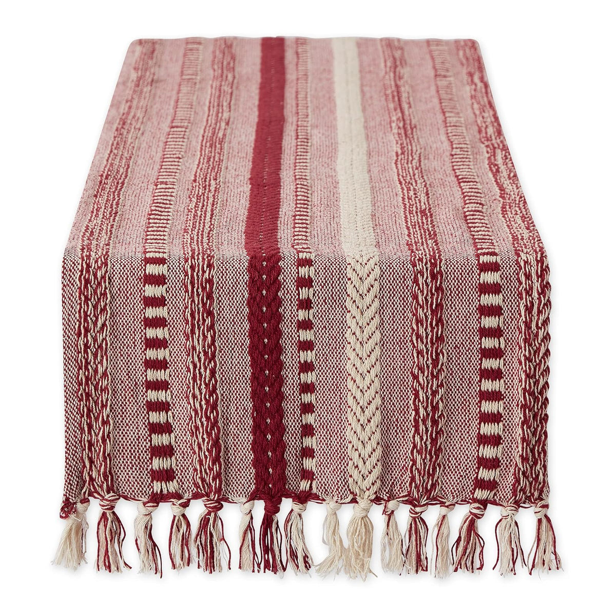 DII Farmhouse Camino de Mesa Trenzado a Rayas - 15x72" (15x77", Fringe Included) - Rojo