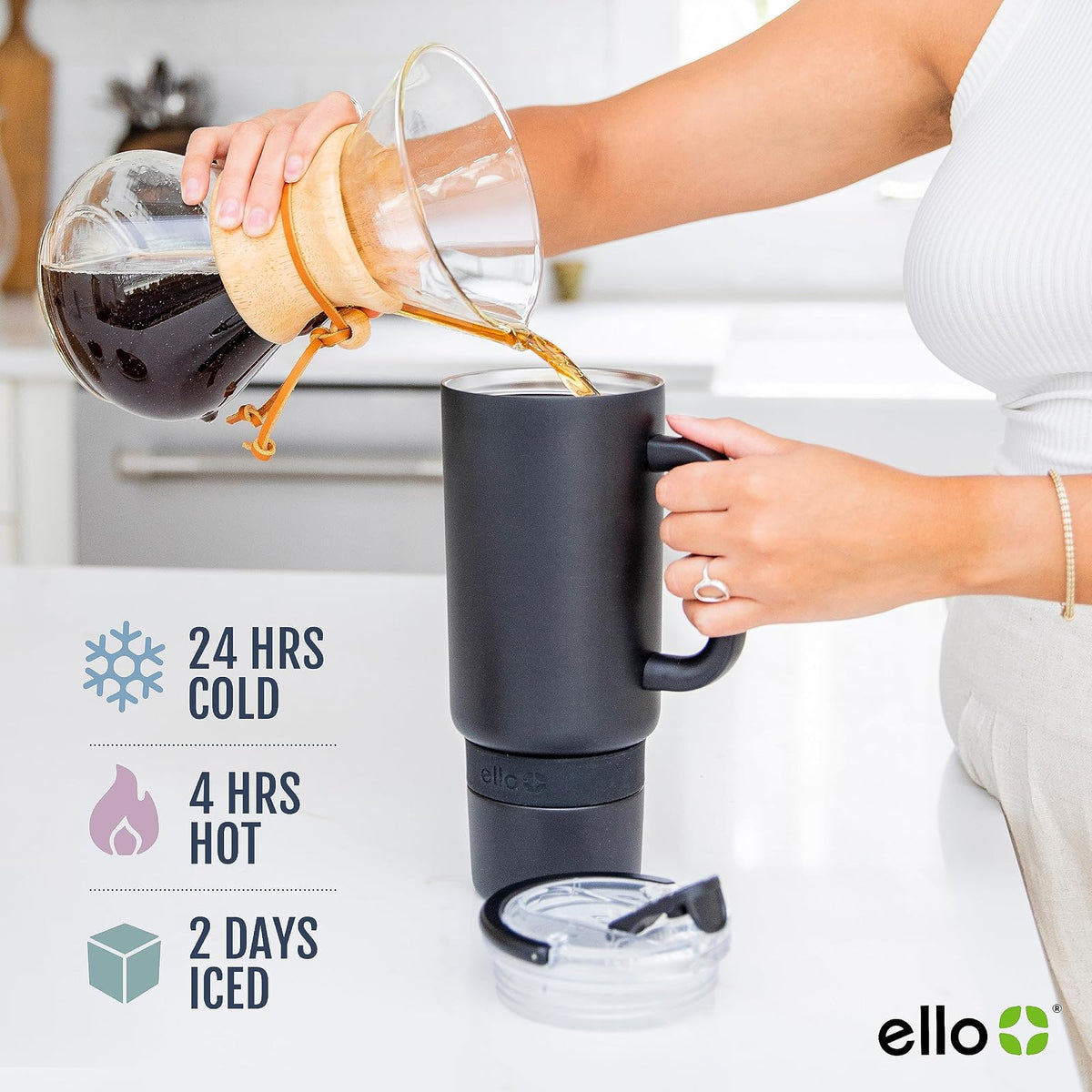Ello Port - Vaso de 40 onzas con asa de transporte y asa integrada, botella de agua reutilizable de acero inoxidable aislada al aspiradora, taza de viaje con tapa a prueba de fugas y popote, perfecto