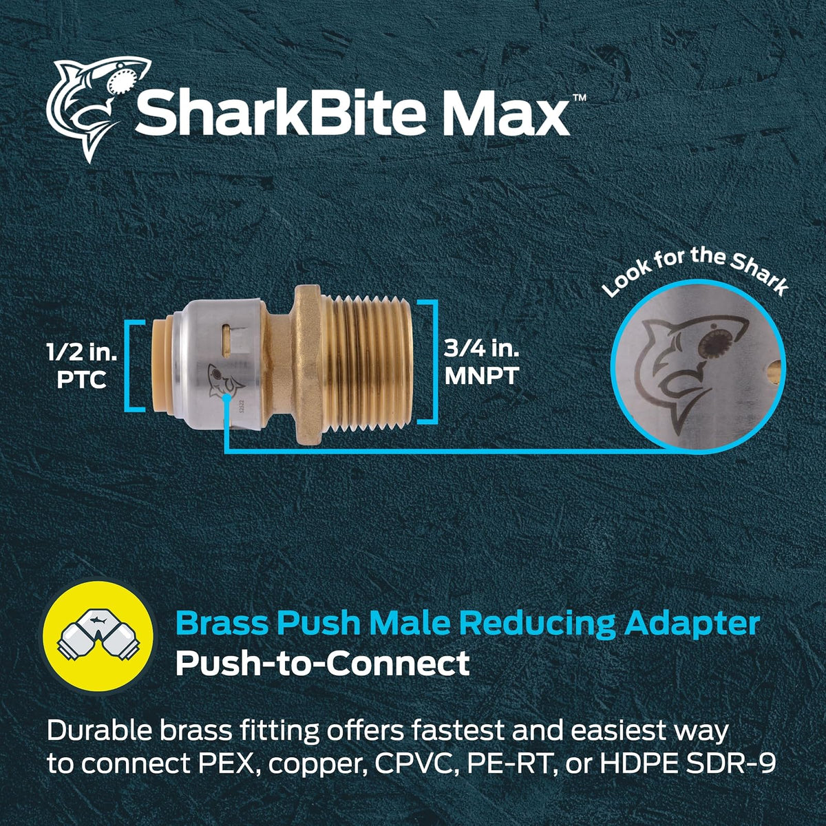 SharkBite Adaptador reductor macho de latón SBM, 1/2 pulgadas x 3/4 pulgadas, MNPT, NPT, para tubería PEX, cobre, CPVC, PE-RT, HDPE, UR116A