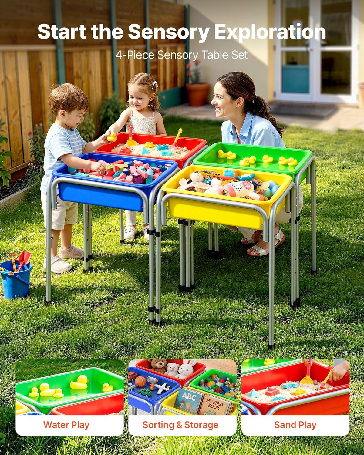 VEVOR Mesa Sensorial Infantil, Juegos de Agua y Arena para Niños de 3-6 Años, Altura Ajustable, Patas Antideslizantes, 4 Cajas Desmontables, Marco de Acero al Carbono, Mesa para Exploración Educación