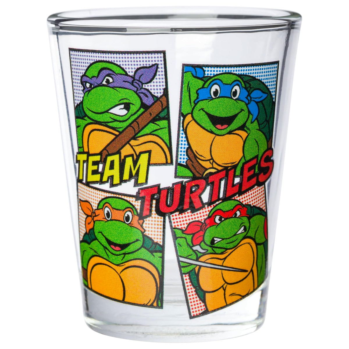 Silver Buffalo Teenage Mutant Ninja Turtles TMNT con Leonardo, Rapheal, Donatello y Miguel Ángel Juego de 4 mini vasos de 1.5 onzas