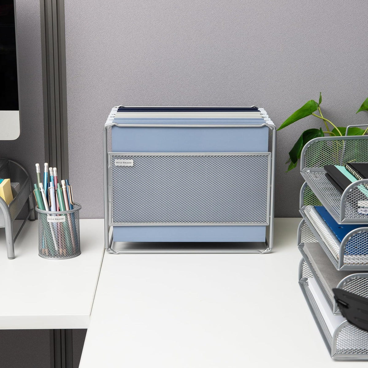 Mind Reader Hanging File Folder Organizer, Desktop Organizer, Storage, Office, Metal Mesh, 13" L x 9.75" W x 10.25" H, Silver