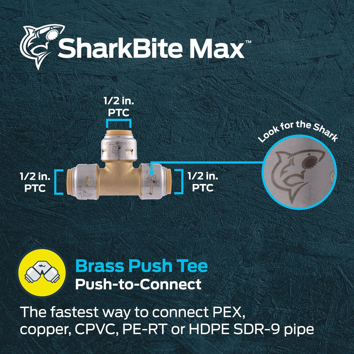SharkBite - Accesorio de fontanería latón de 1/2 pulgadas, playera de presión para conectar, tubería PEX, cobre, CPVC, PE-RT, HDPE, UR362A
