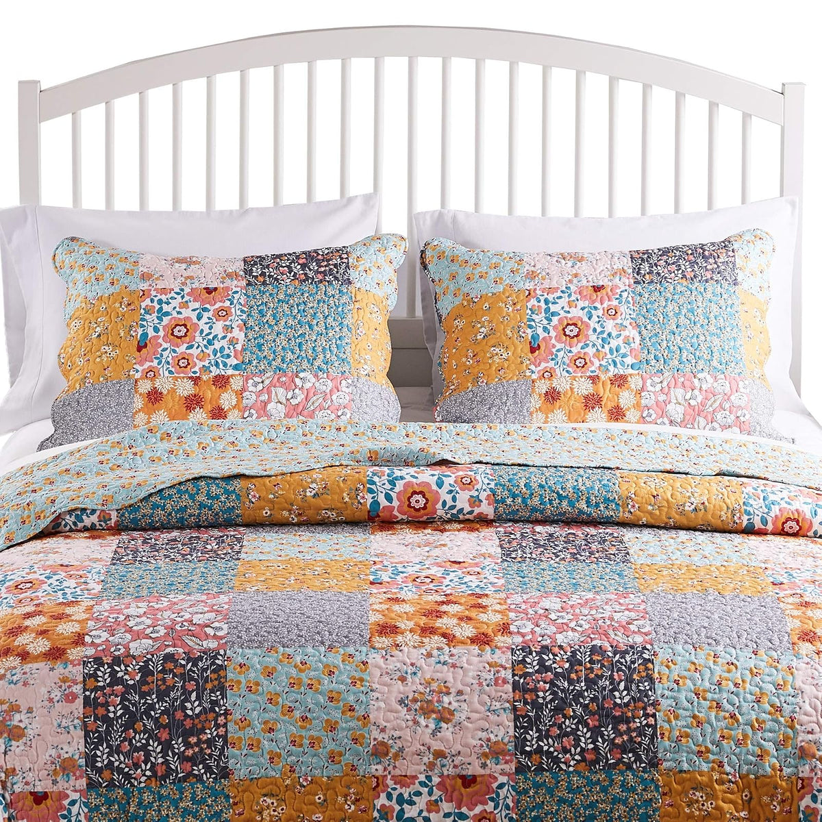 Barefoot Bungalow Carlie Floral Multicolor Juego de edredón Reversible, Tamaño 3 Piezas King, Retazos de calicó