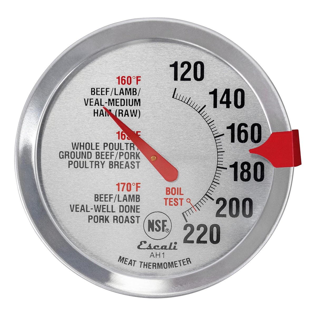 Escali AH1 Termómetro de Carne de Acero Inoxidable | Apto para horno, esfera extragrande 2.5 pulgadas, etiqueta de temperatura para carne, plata certificada NSF