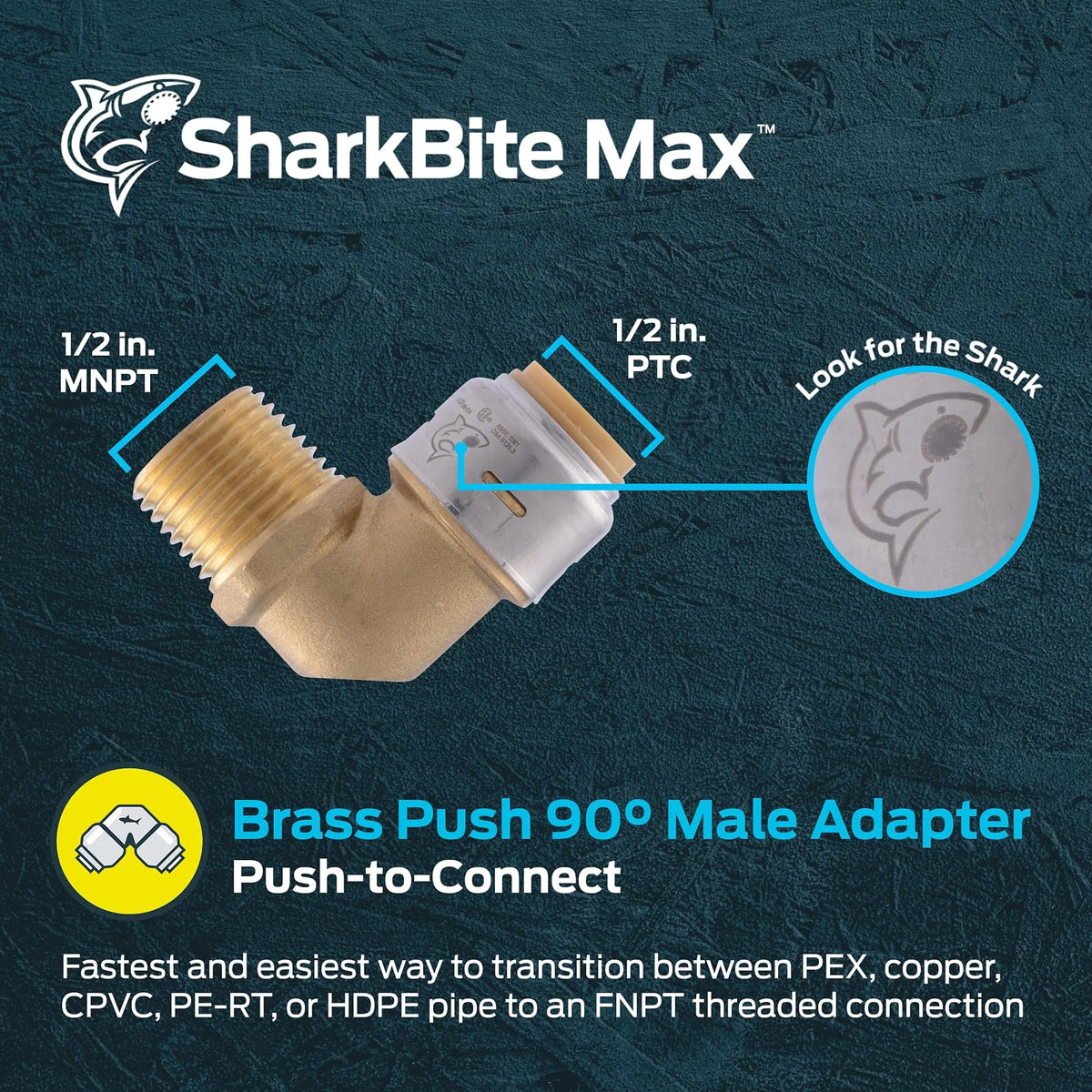 SharkBite Max 1/2 pulgadas x 1/2 pulgadas Codo adaptador macho de 90 grados, empuje para conectar accesorios de fontanería de latón, tubería PEX, cobre, CPVC, PE-RT, HDPE, UR280A