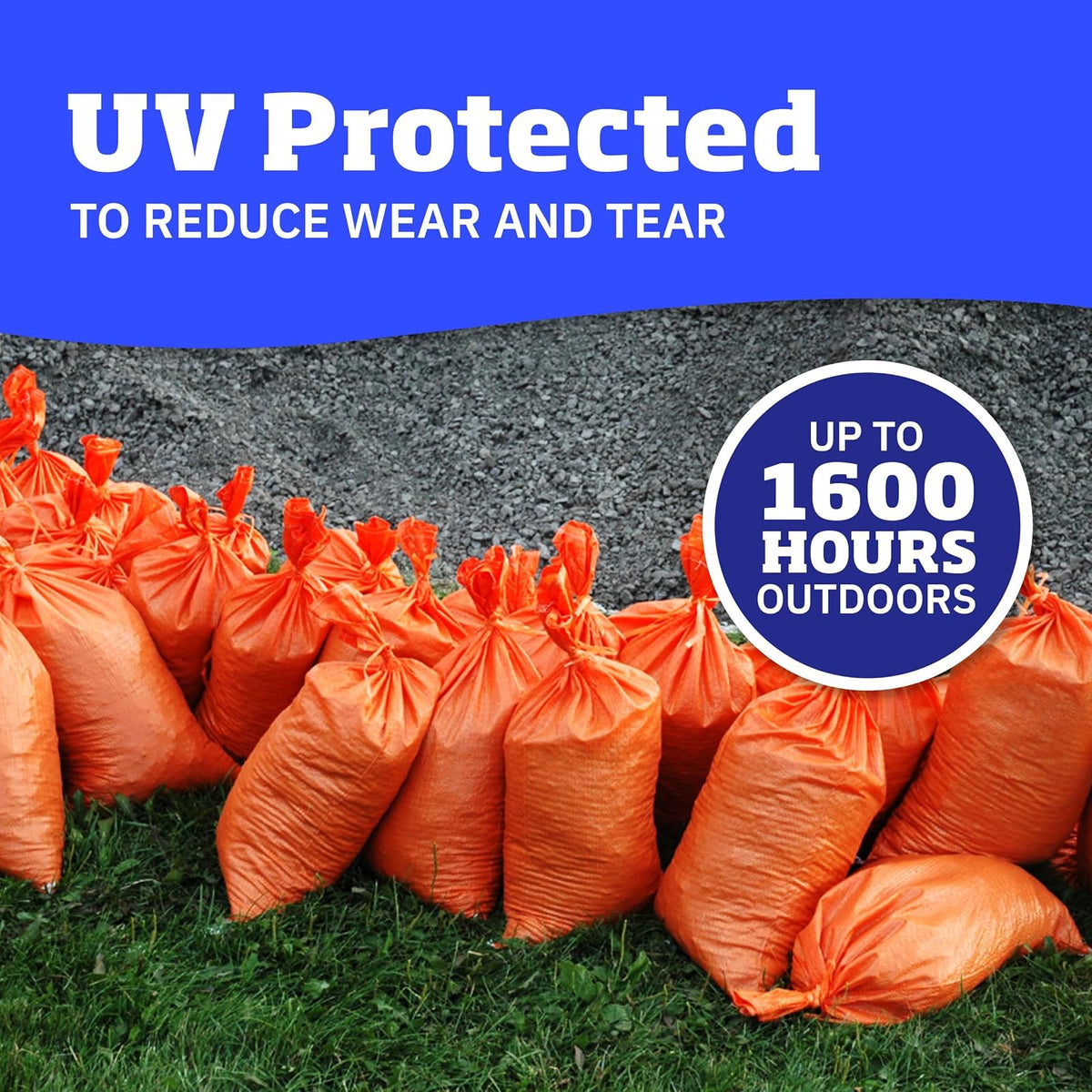 DURASACK Bolsas de arena resistentes con cuerdas de corbata, bolsas de arena de polipropileno tejidas vacías para control de inundaciones con 1600 horas de protección UV, capacidad de 50 libras, 14 x