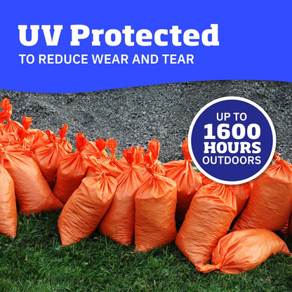 DURASACK Bolsas de arena resistentes con cuerdas de corbata, bolsas de arena de polipropileno tejidas vacías para control de inundaciones con 1600 horas de protección UV, capacidad de 50 libras, 14 x