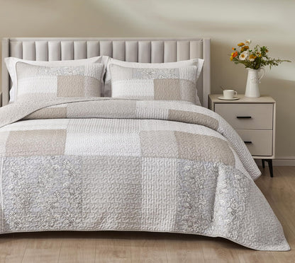 Chezmoi Collection Quinn - Juego de edredón de 3 Piezas con diseño de Flores de Hibisco, diseño de Rayas de Caramelo, Color Gris Topo Neutro, Colcha Reversible Ligera, tamaño King