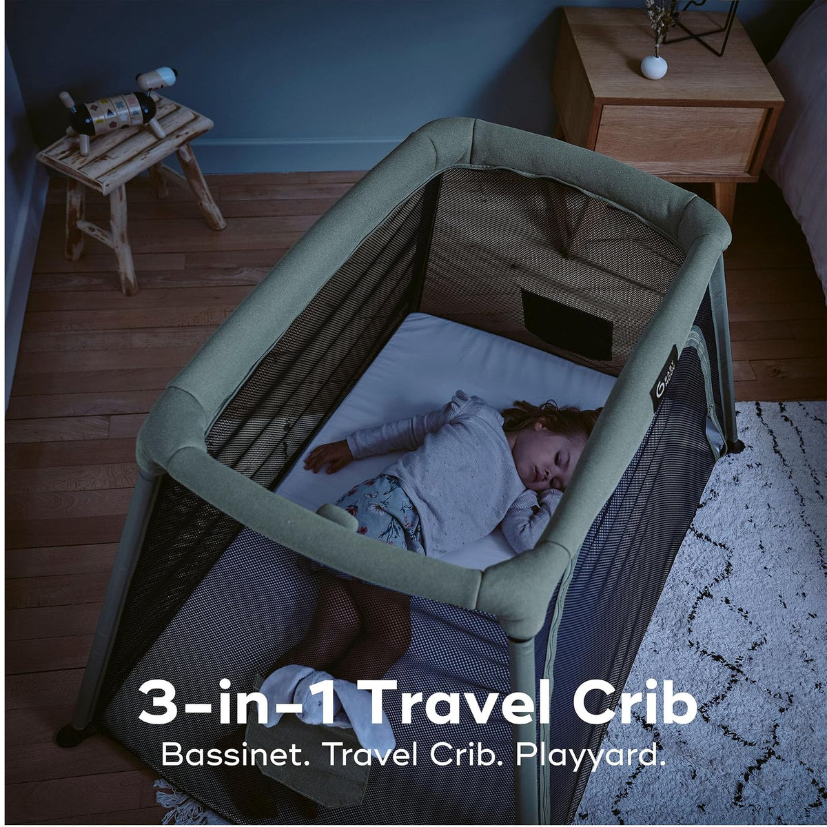 Babymoov Moov & Comfy Cuna de Viaje y Corral 3 en 1, Cama Portátil para Bebé, Bassinet y Playard para Casa, Viajes, Siestas y Juego, Práctico para Uso Diario, Verde Salvia