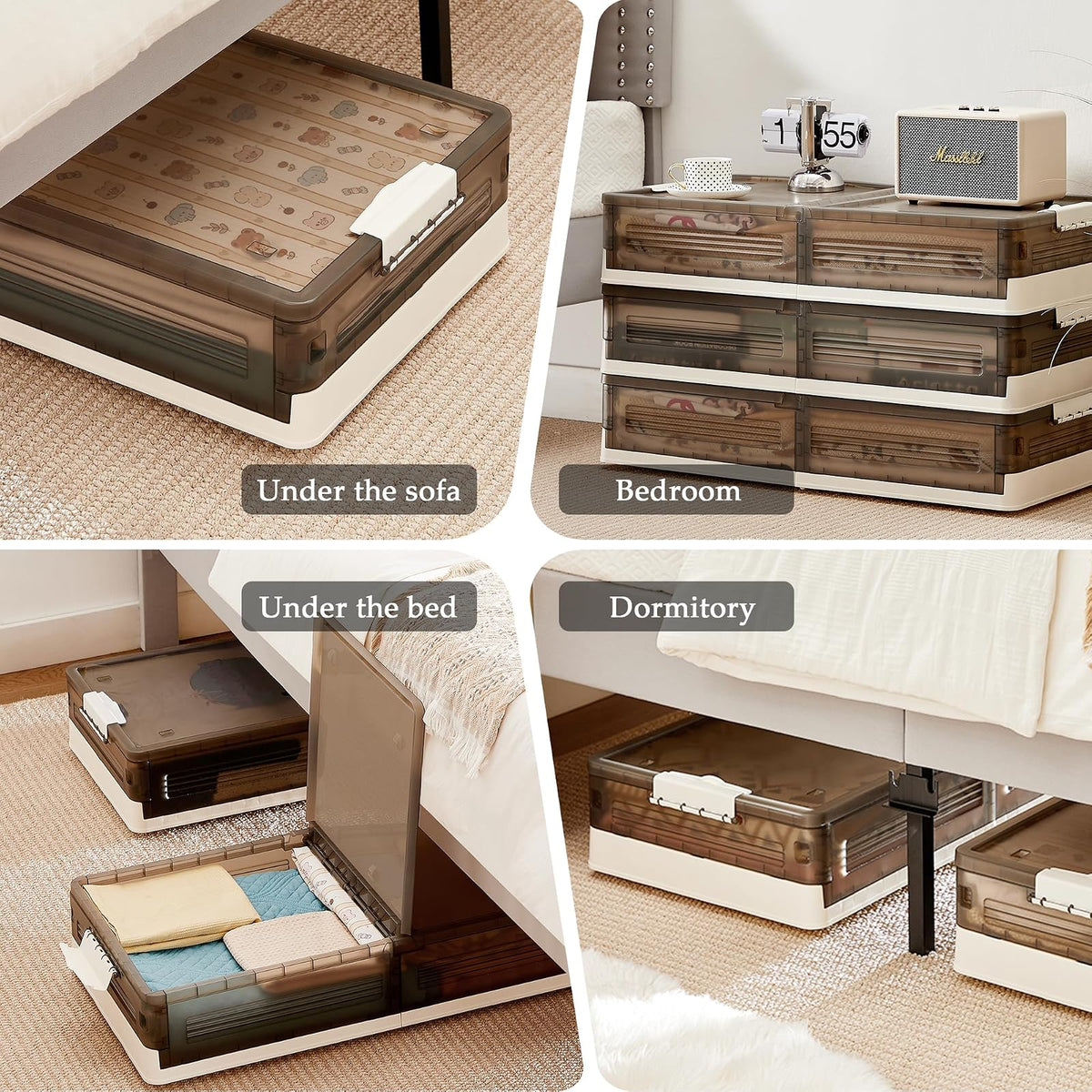 VECELO Almacenamiento debajo de la cama con ruedas, paquete de 2 contenedores apilables debajo de la cama, contenedores de almacenamiento debajo de la cama con tapas, caja plegable de plástico para