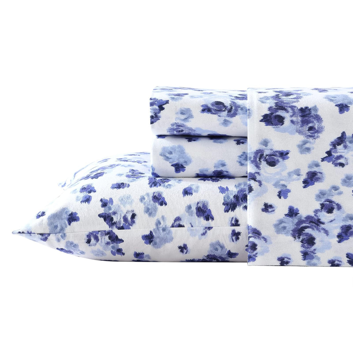 Laura Ashley - Juego de sábanas Queen, Ropa de Cama de Franela de algodón, Cepillado para Mayor suavidad y Comodidad (Azul Emelisa, Queen)