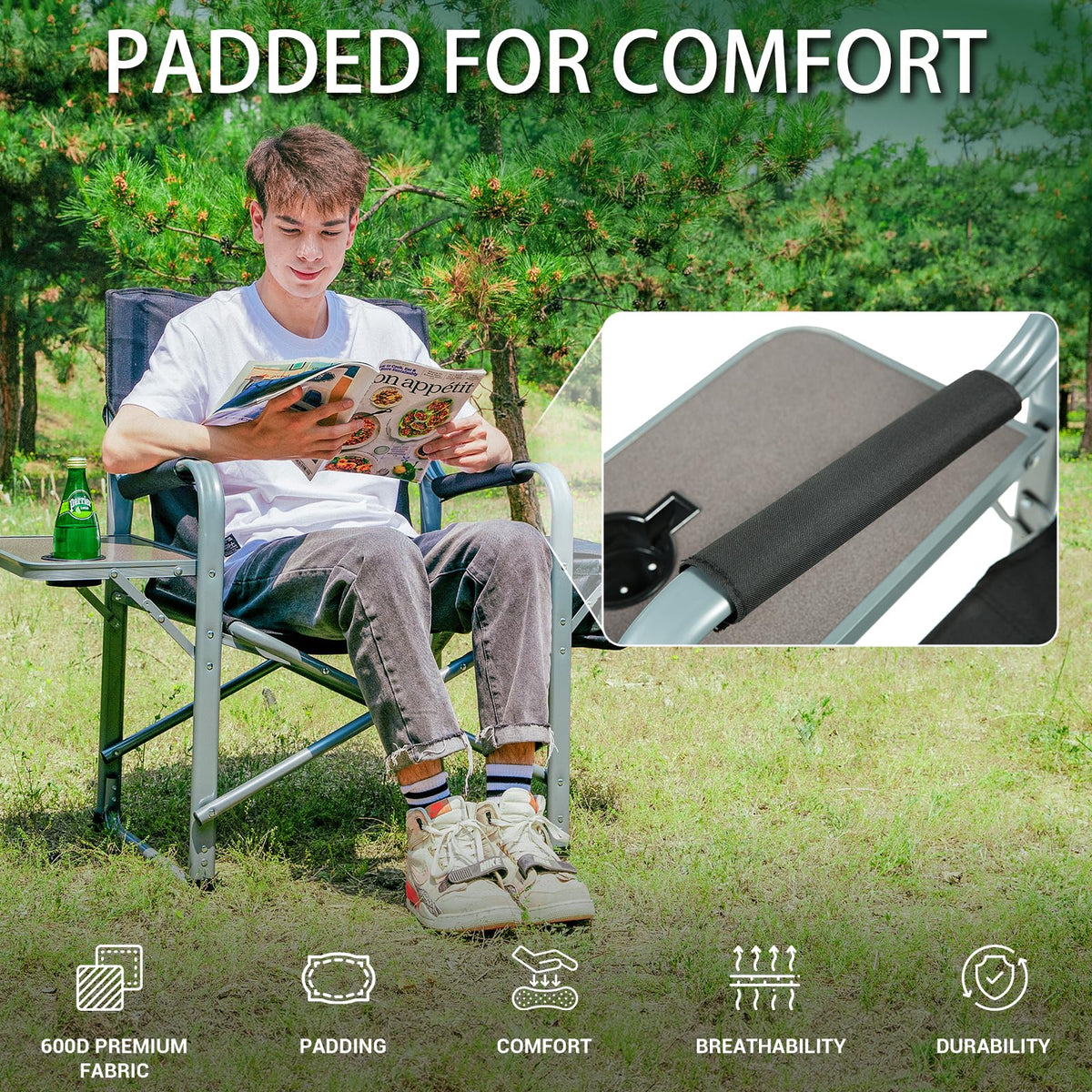 KingCamp Silla Director XXL Extra Grande con Mesa Lateral, Silla de Camping Reforzada 600 LB con Bolsa Térmica, Plegable y Portátil con Asiento Ancho para Camping, Pesca, Jardín y Deportes