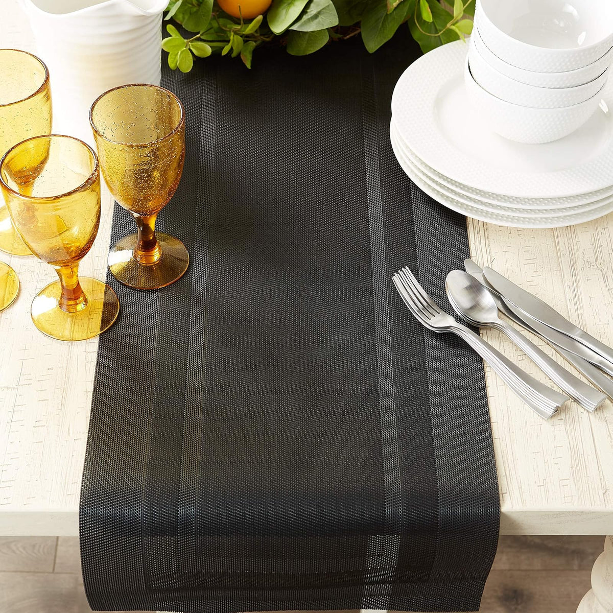 DII Everday, Easy to Clean Indoor/Outdoor Woven Vinyl 14x72" Double Border Table Runner, Black