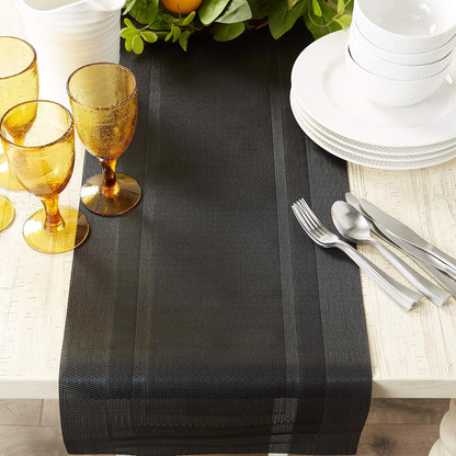 DII Everday, Easy to Clean Indoor/Outdoor Woven Vinyl 14x72" Double Border Table Runner, Black