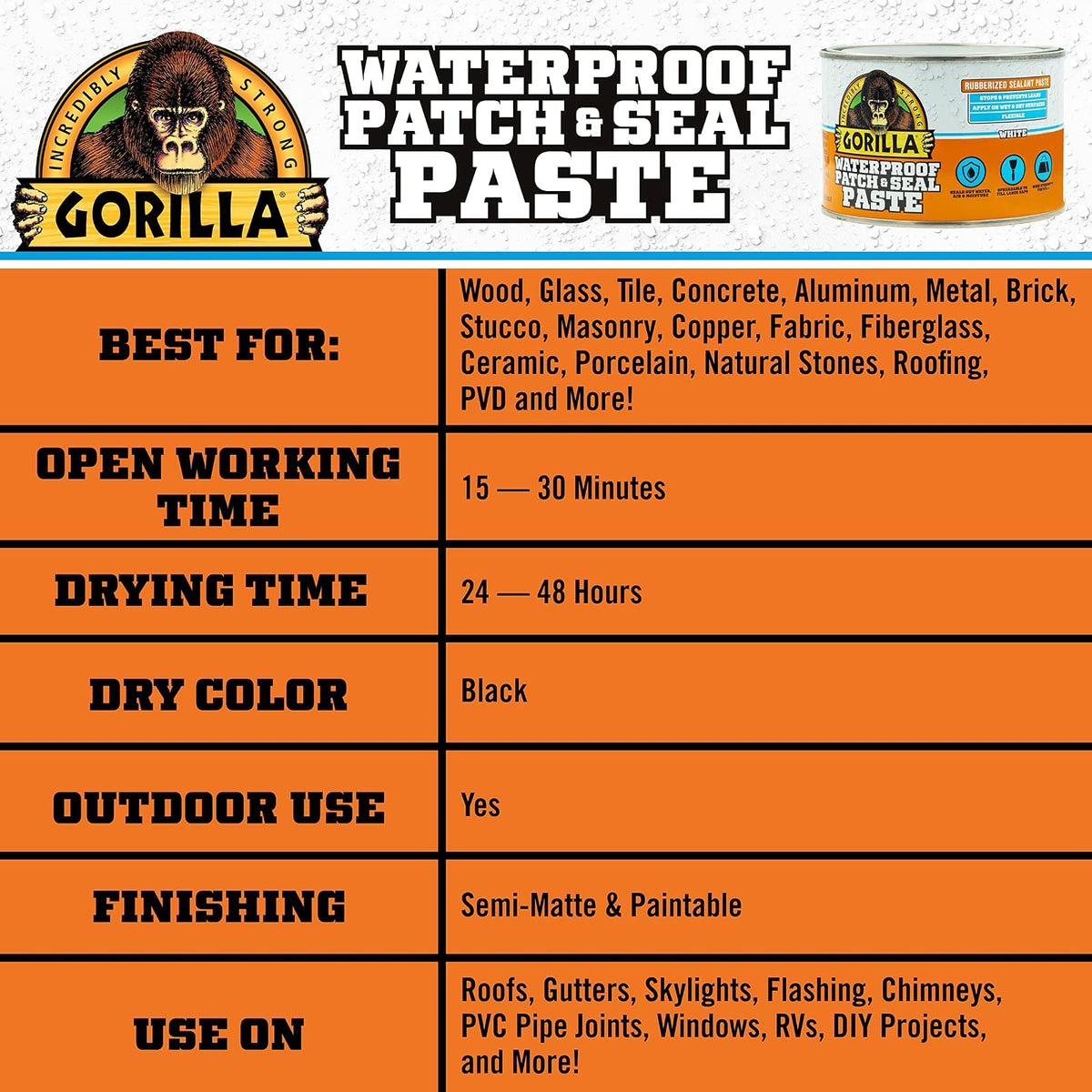 Gorilla - Pasta selladora de goma impermeable con parche y sello; color blanco; lata de 1 libra (paquete de 1)
