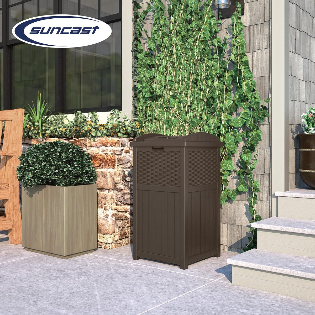 Suncast - Escondite de Basura Comercial para Exteriores de 33 galones con Tapa para Bolsas de Basura de 30 a 33 galones para cochera, Patio Trasero o jardín, café