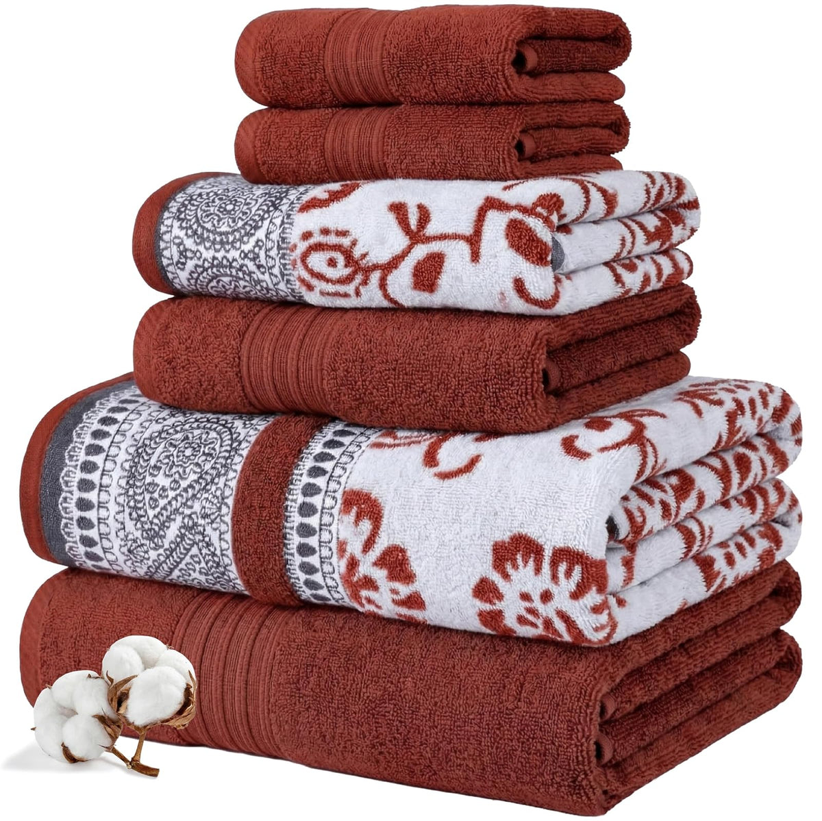 Modern Threads - Juego de 6 Piezas, 2 Toallas de baño, 2 Toallas de Mano, 2 paños de baño teñidos de Jacquard/Toallas sólidas, Ofelia orquídea - Mediano - Arcilla