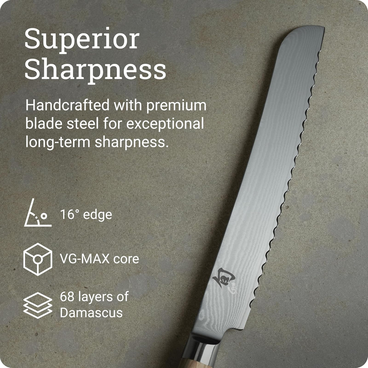 Shun - Cuchillo de pan clásico rubio de 9 pulgadas, cuchillo dentado japonés hecho a mano, núcleo VG-MAX con revestimiento de acero inoxidable Damasco, mango Pakkawood, herramienta de corte para chefs