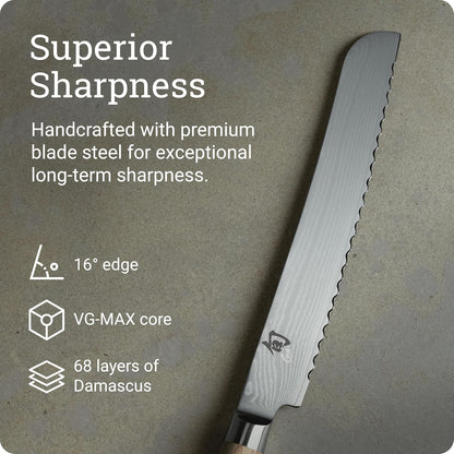 Shun - Cuchillo de pan clásico rubio de 9 pulgadas, cuchillo dentado japonés hecho a mano, núcleo VG-MAX con revestimiento de acero inoxidable Damasco, mango Pakkawood, herramienta de corte para chefs