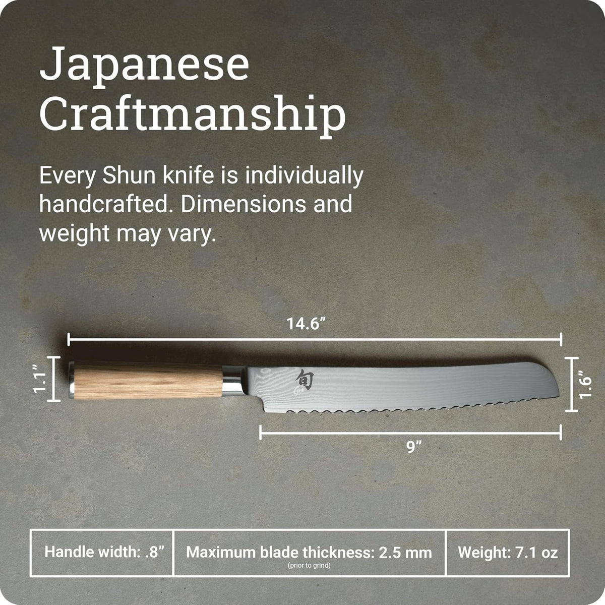 Shun - Cuchillo de pan clásico rubio de 9 pulgadas, cuchillo dentado japonés hecho a mano, núcleo VG-MAX con revestimiento de acero inoxidable Damasco, mango Pakkawood, herramienta de corte para chefs