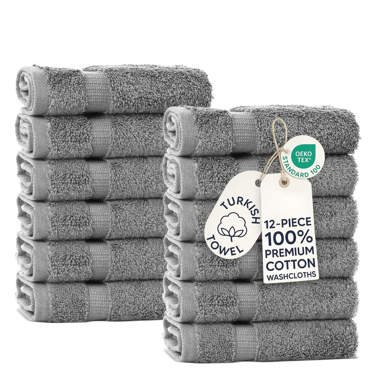 Chakir Turkish Linens - Toalla de hotel de lujo y spa, 100% Algodón turco genuino, Paño de lavado, Color Gris, Juego de 12