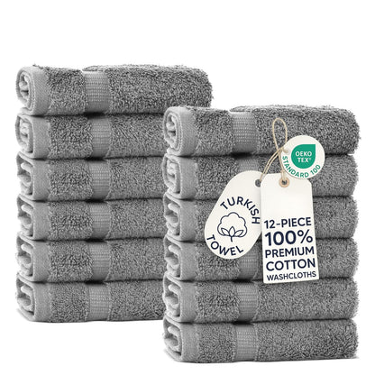 Chakir Turkish Linens - Toalla de hotel de lujo y spa, 100% Algodón turco genuino, Paño de lavado, Color Gris, Juego de 12