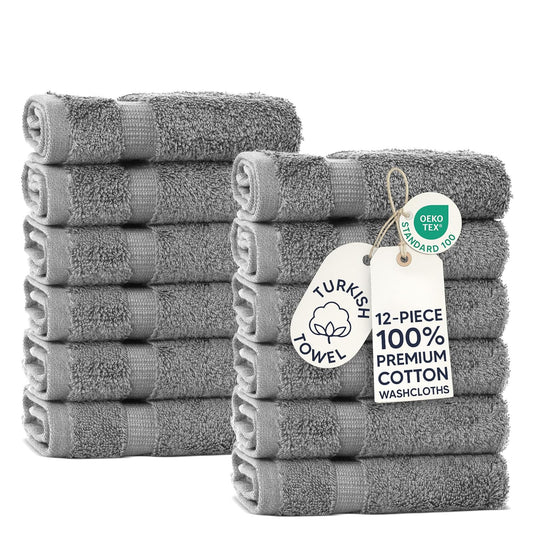 Chakir Turkish Linens - Toalla de hotel de lujo y spa, 100% Algodón turco genuino, Paño de lavado, Color Gris, Juego de 12