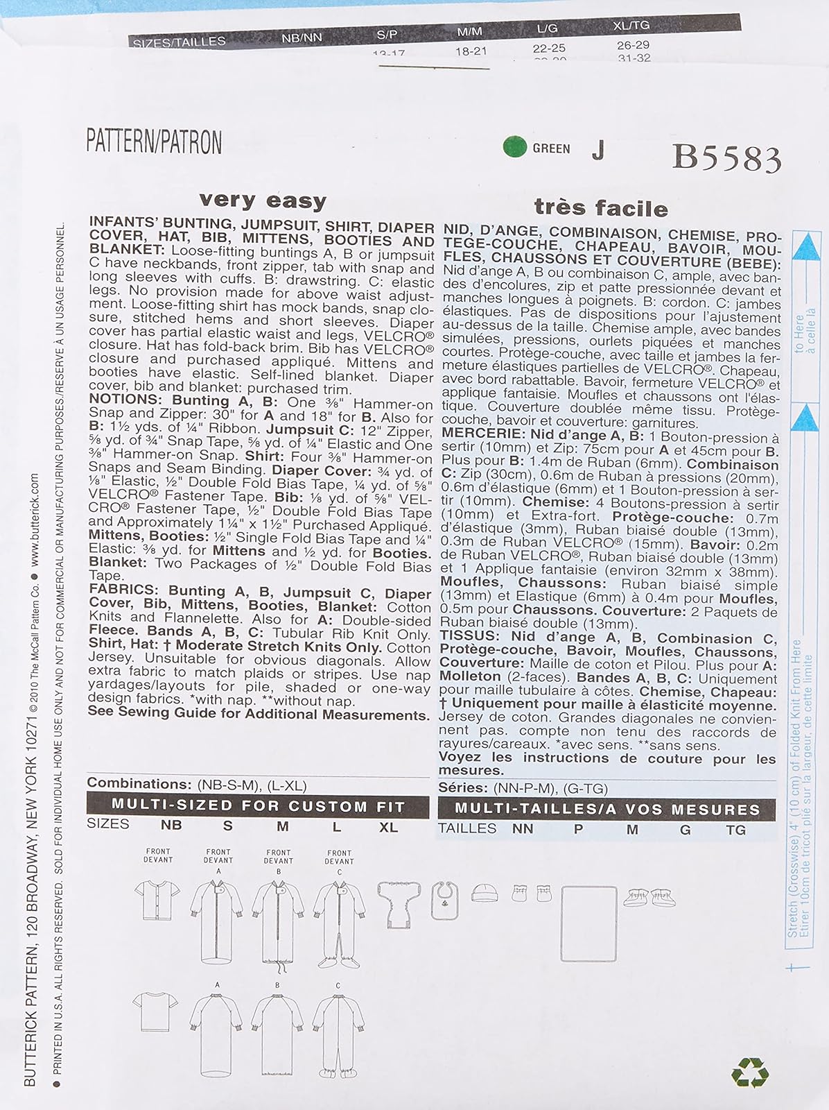 BUTTERICK PATTERNS B5583 - Patrones de Costura para , Overol, Camisa, Cubierta para pañales, Manta, Sombrero, Babero, Manoplas y Botes, tamaño NB0 (NB-S-M)