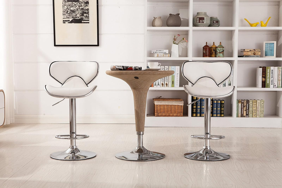 Roundhill Furniture Masaccio - Taburete Giratorio Ajustable de Piel sintético Acolchado con Base cromada, Juego de 2, Color Blanco