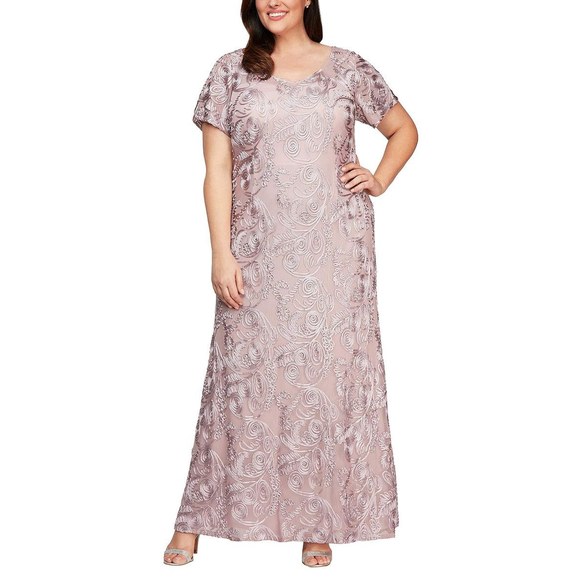 Alex Evenings Vestido Largo de una línea con Mangas Cortas. Vestido para Mujer