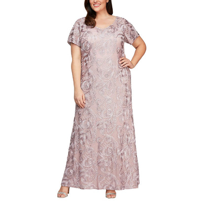 Alex Evenings Vestido Largo de una línea con Mangas Cortas. Vestido para Mujer