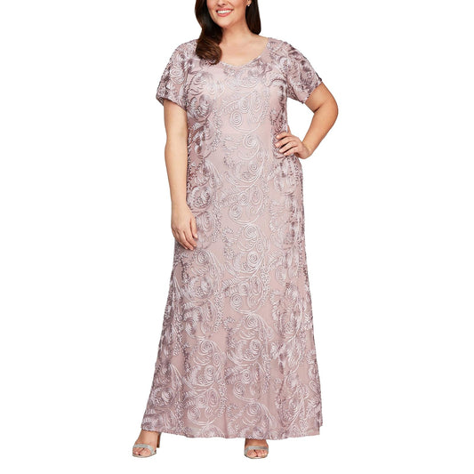 Alex Evenings Vestido Largo de una línea con Mangas Cortas. Vestido para Mujer