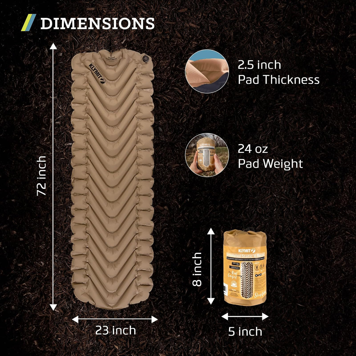 KLYMIT INSULATED STATIC V Sleeping Pad, Lightweight, Outdoor Sleep Comfort for Backpacking, Best Gear for Cold Weather Camping, and Hiking, Inflatable Camping Mattress