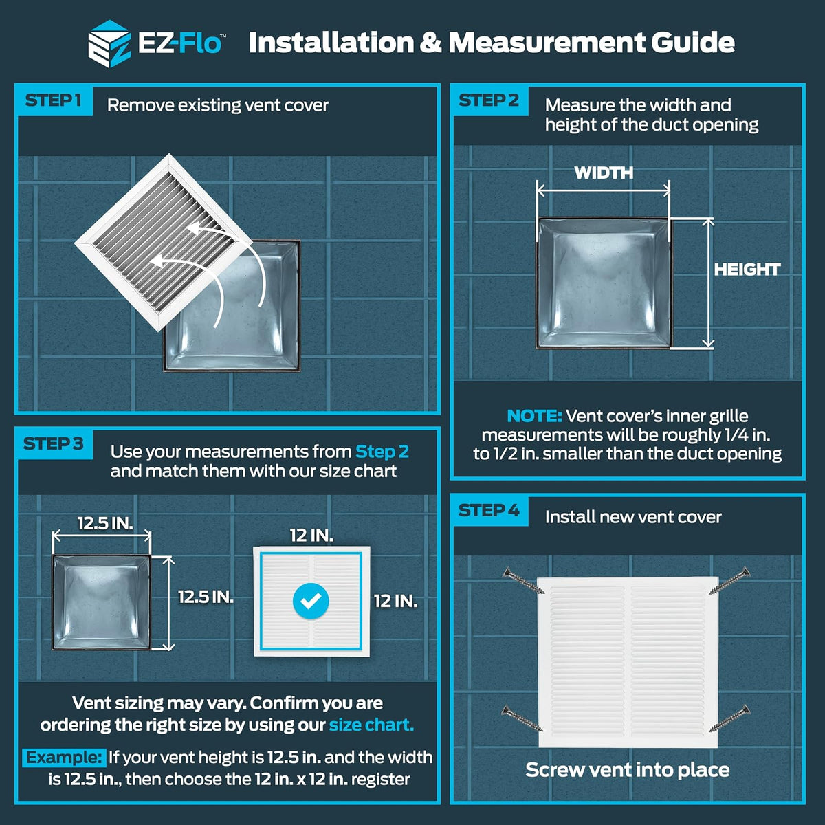 EZ-FLO 61627 - Cubierta de ventilación de aire de retorno para pared o techo, rejilla de aire de retorno de acero sólido, cubierta de ventilación HVAC, color blanco