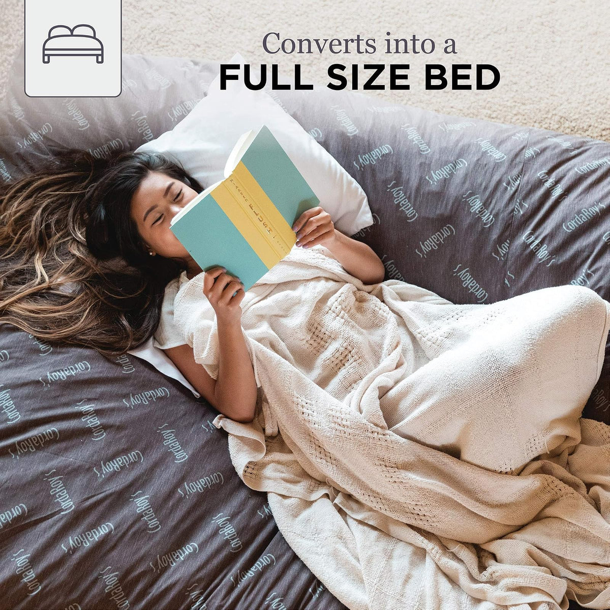 CordaRoy's Bean Bag Chair, Corduroy Convertible Chair Folds from Bean Bag to Bed, As Seen on Shark Tank - Red, Full Size