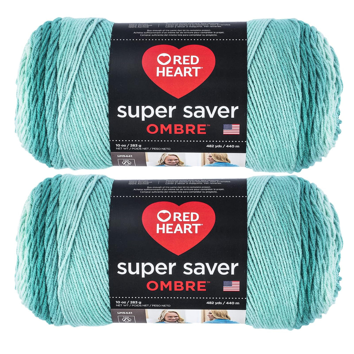 Red Heart Super Saver Jumbo - Hilo de menta degradada - Paquete de 2 unidades de 283 g/10 oz - Acrílico - 4 medianos (peorado) - 482 yardas - Tejer/Crochet