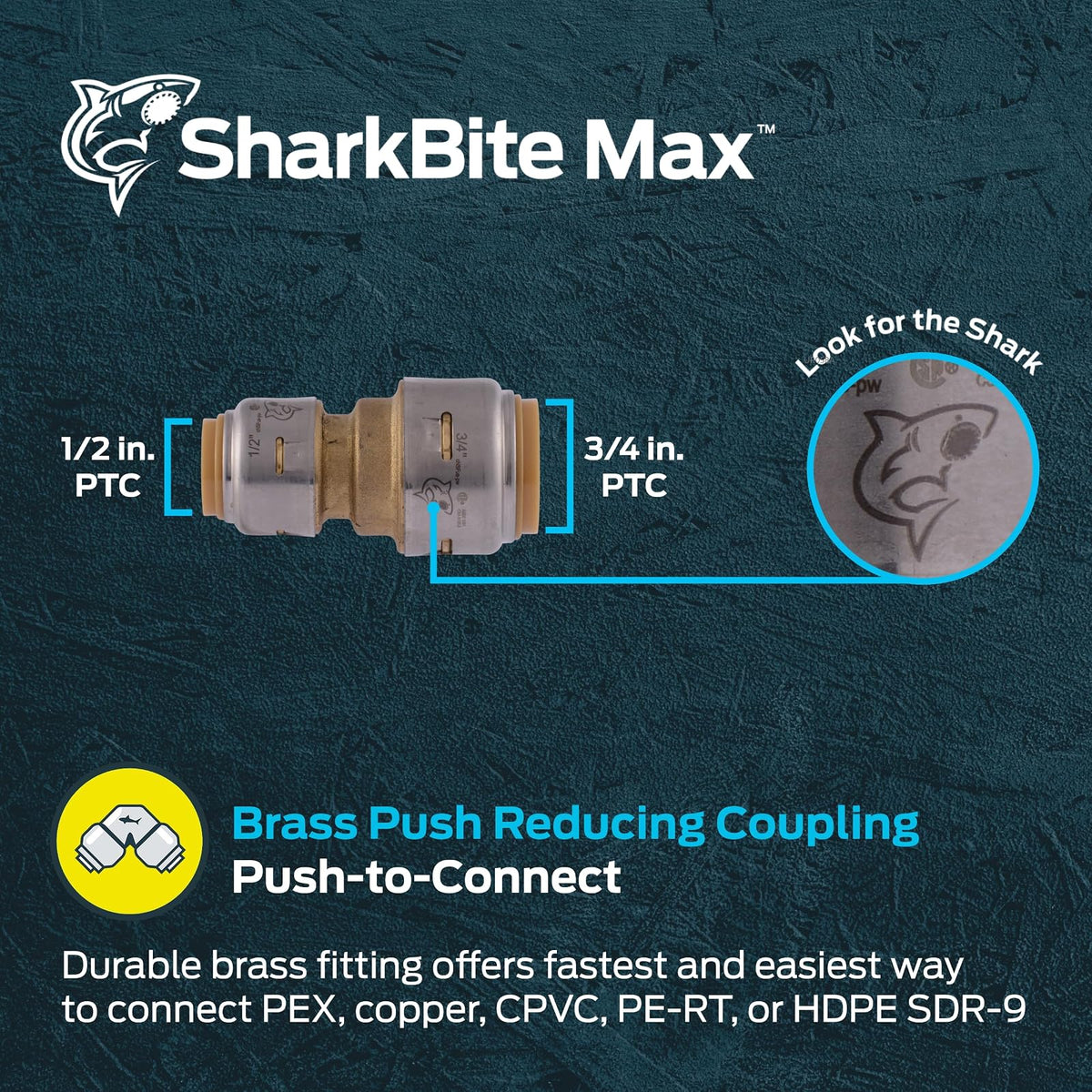 SharkBite Acoplamiento Reductor 3/4" x 1/2", Empuje para Conectar, Latón, Sin Plomo, PEX, Cobre, CPVC, PE-RT, HDPE, UR058A